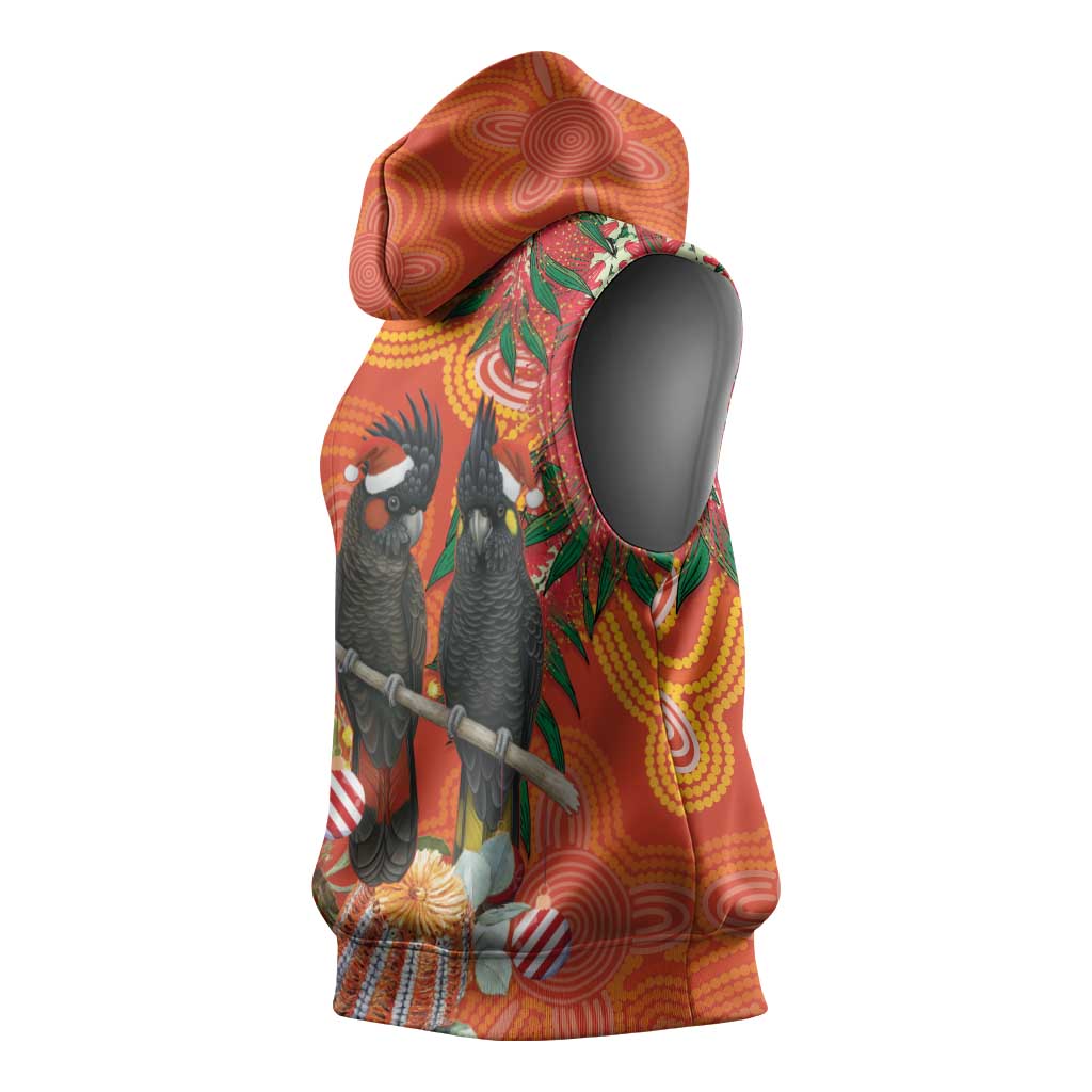 Australia Black Cockatoo Christmas Sleeveless Hoodie Banksia Bottlebrush Aboriginal Art - Aussie Hoodie