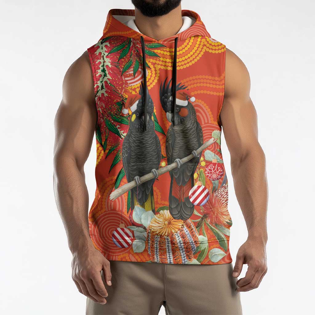 Australia Black Cockatoo Christmas Sleeveless Hoodie Banksia Bottlebrush Aboriginal Art - Aussie Hoodie