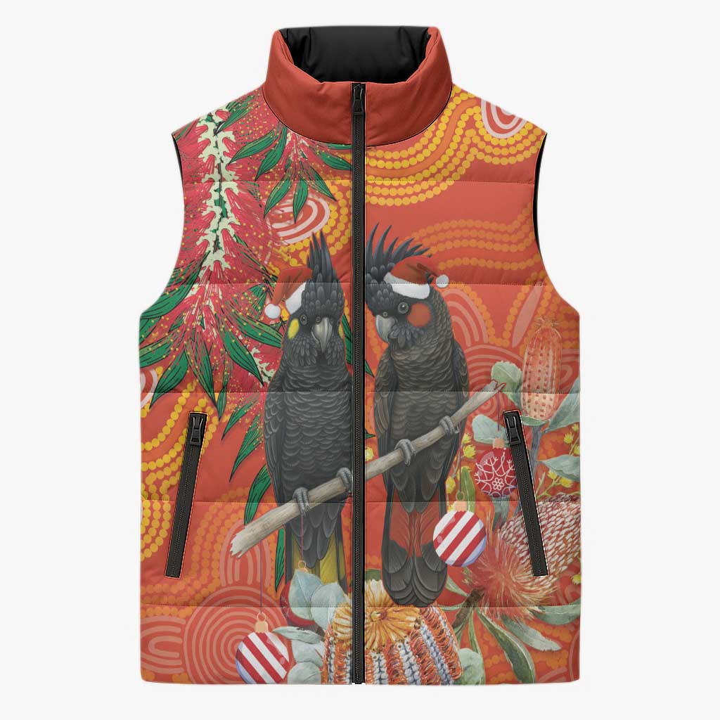 Australia Black Cockatoo Christmas Sleeveless Puffer Jacket Banksia Bottlebrush Aboriginal Art - Aussie Hoodie
