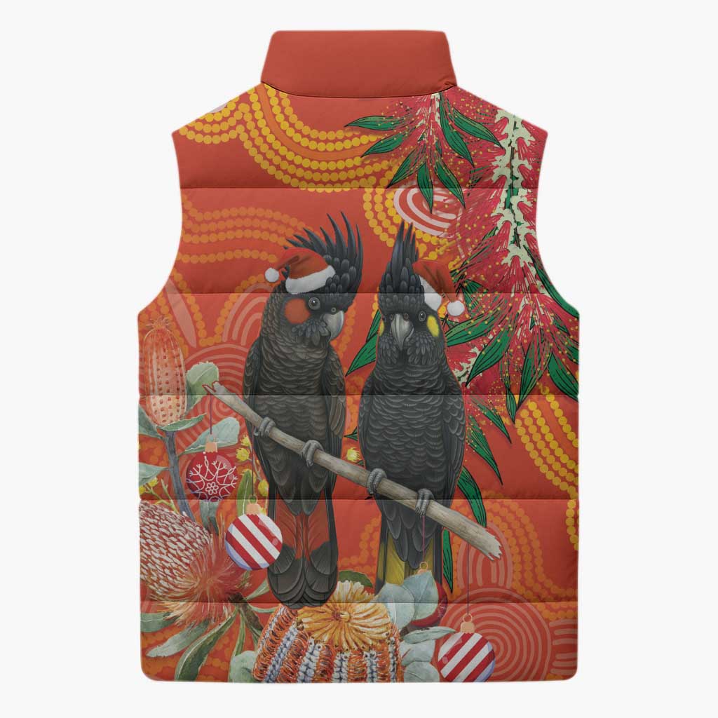 Australia Black Cockatoo Christmas Sleeveless Puffer Jacket Banksia Bottlebrush Aboriginal Art - Aussie Hoodie