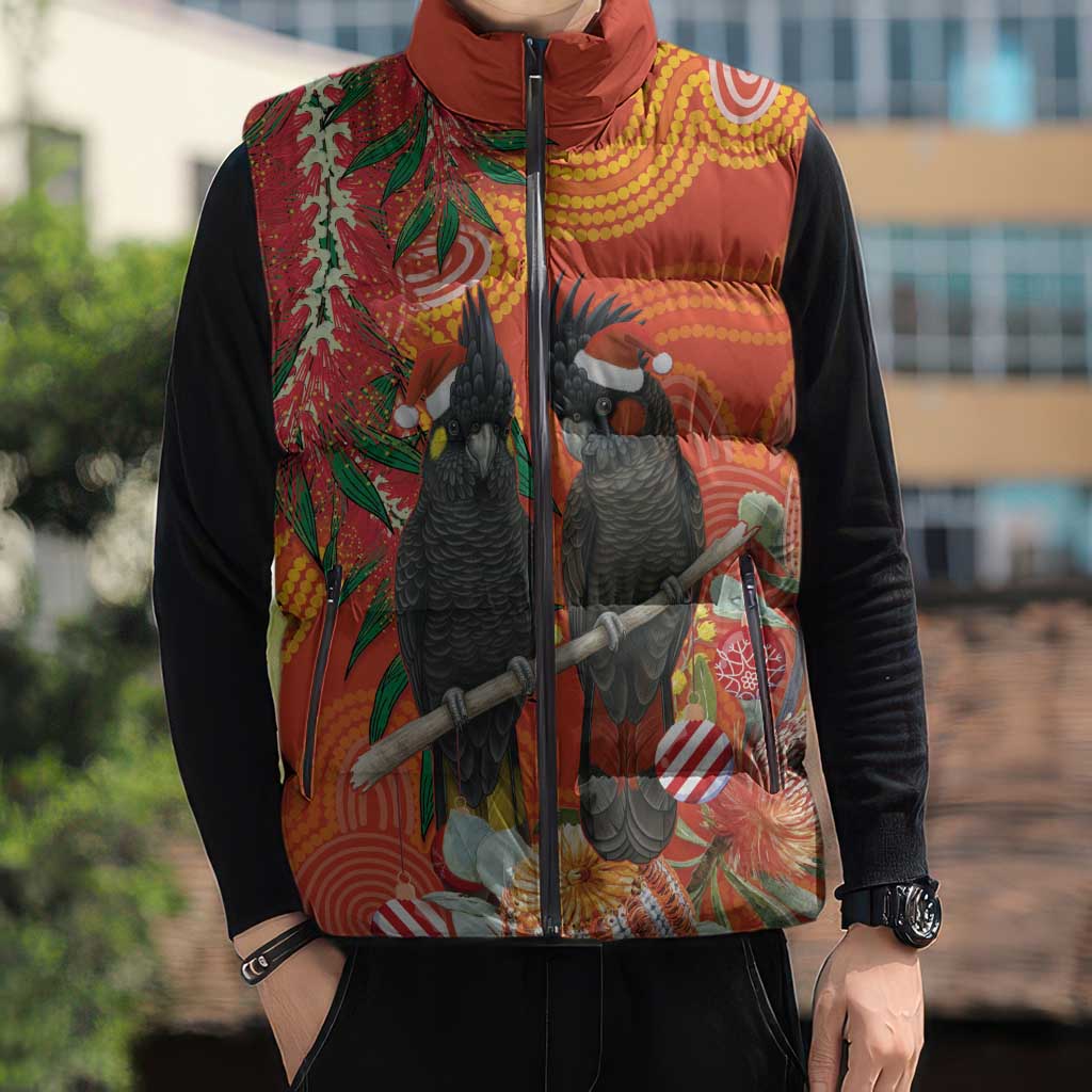 Australia Black Cockatoo Christmas Sleeveless Puffer Jacket Banksia Bottlebrush Aboriginal Art - Aussie Hoodie