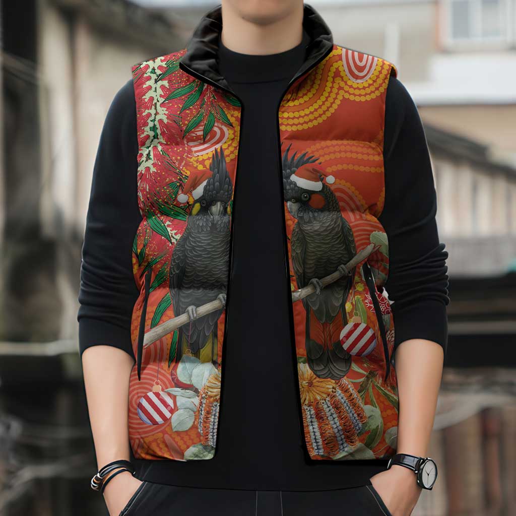 Australia Black Cockatoo Christmas Sleeveless Puffer Jacket Banksia Bottlebrush Aboriginal Art - Aussie Hoodie