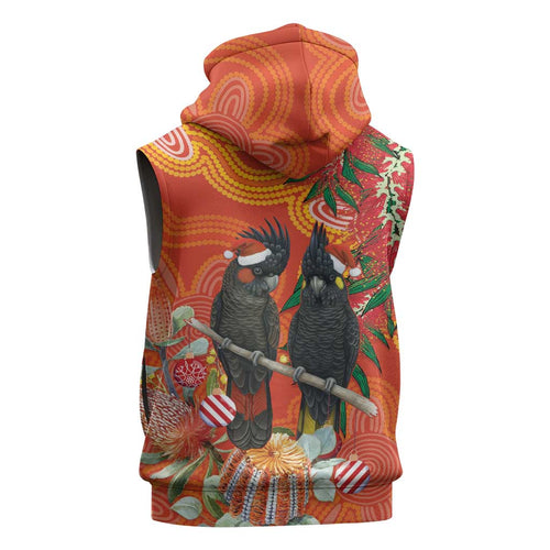 Australia Black Cockatoo Christmas Sleeveless Zip Hoodie Banksia Bottlebrush Aboriginal Art LT14