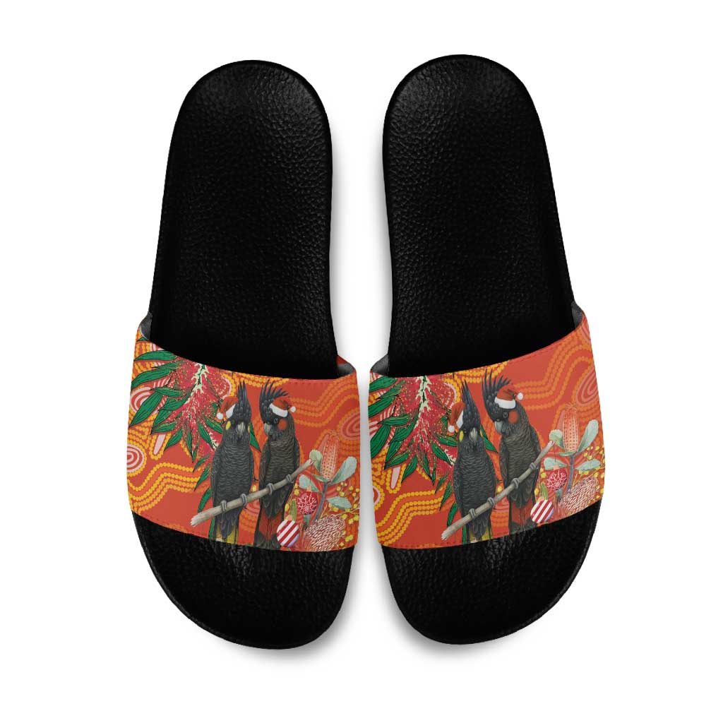 Australia Black Cockatoo Christmas Slide Sandals Banksia Bottlebrush Aboriginal Art - Aussie Hoodie