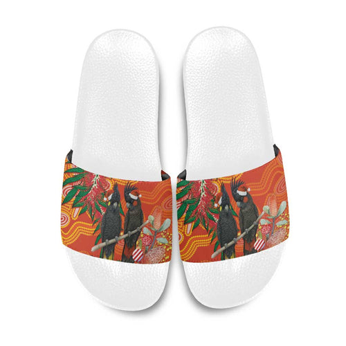 Australia Black Cockatoo Christmas Slide Sandals Banksia Bottlebrush Aboriginal Art - Aussie Hoodie