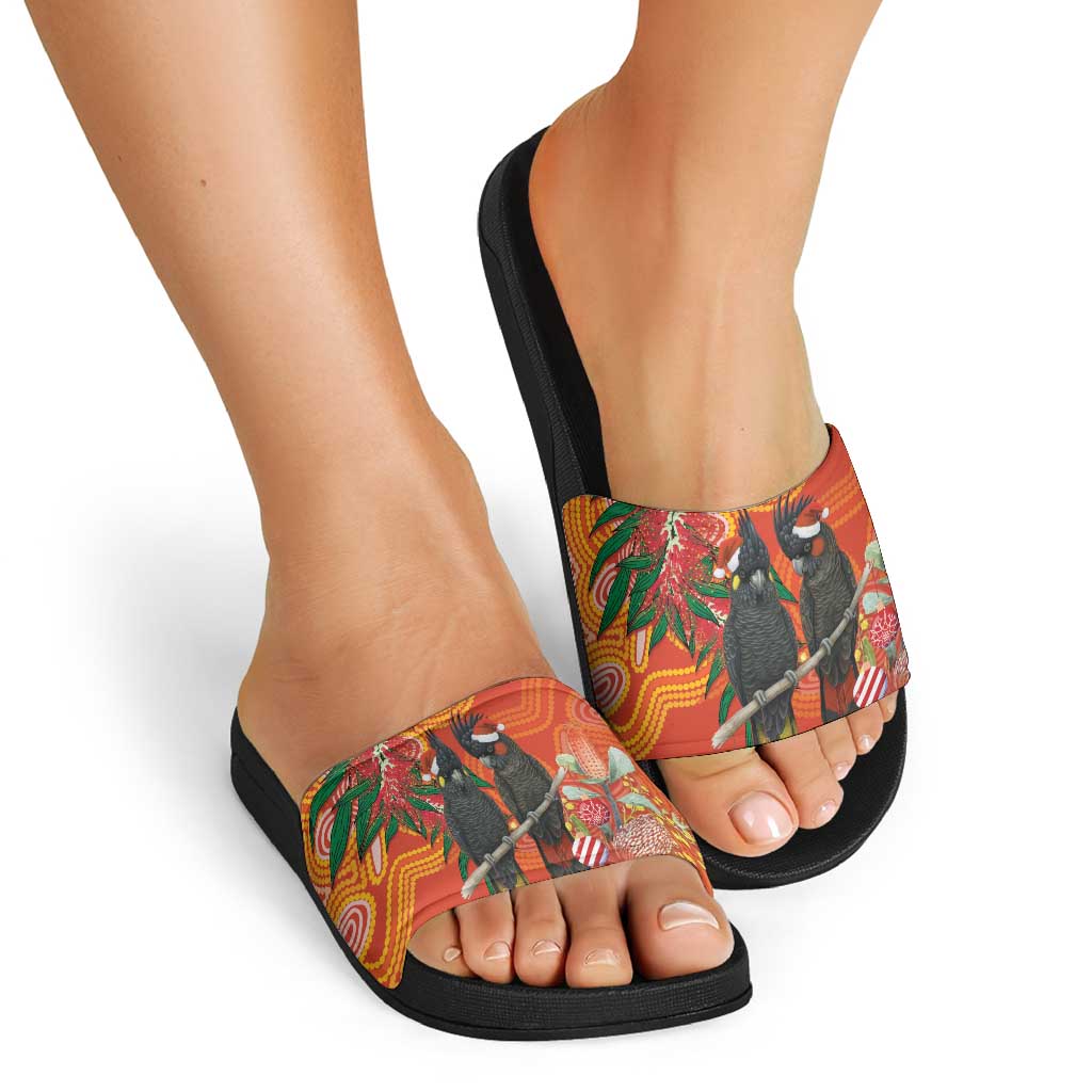 Australia Black Cockatoo Christmas Slide Sandals Banksia Bottlebrush Aboriginal Art - Aussie Hoodie