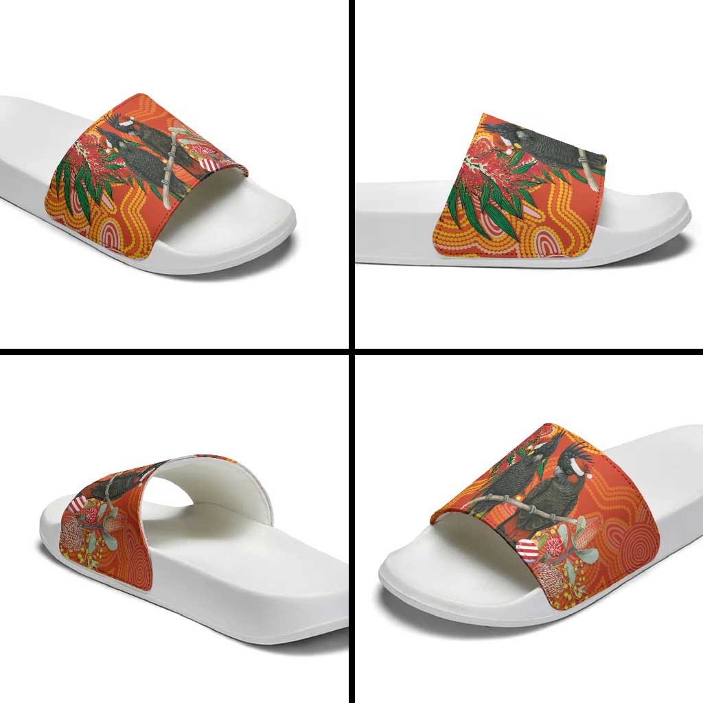 Australia Black Cockatoo Christmas Slide Sandals Banksia Bottlebrush Aboriginal Art - Aussie Hoodie