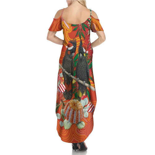 Australia Black Cockatoo Christmas Summer Maxi Dress Banksia Bottlebrush Aboriginal Art - Aussie Hoodie