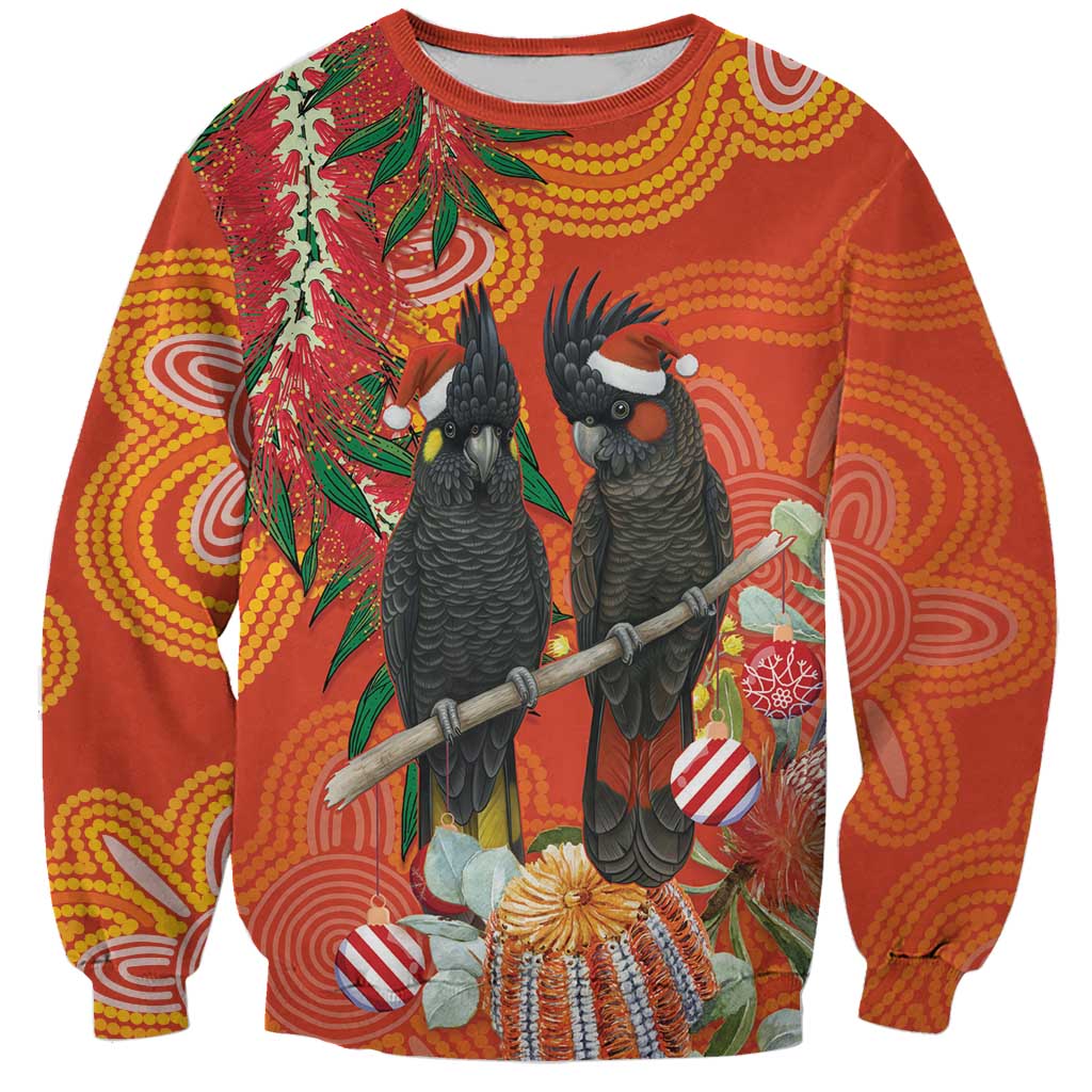 Australia Black Cockatoo Christmas Sweatshirt Banksia Bottlebrush Aboriginal Art - Aussie Hoodie