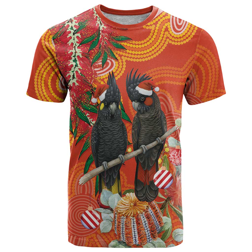 Australia Black Cockatoo Christmas T Shirt Banksia Bottlebrush Aboriginal Art - Aussie Hoodie