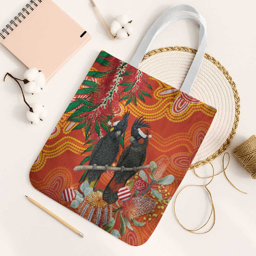 Australia Black Cockatoo Christmas Tote Bag Banksia Bottlebrush Aboriginal Art - Aussie Hoodie