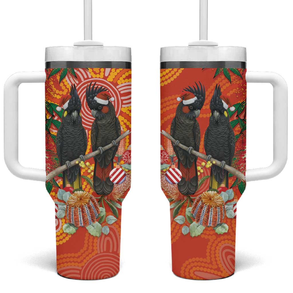 Australia Black Cockatoo Christmas Tumbler With Handle Banksia Bottlebrush Aboriginal Art - Aussie Hoodie