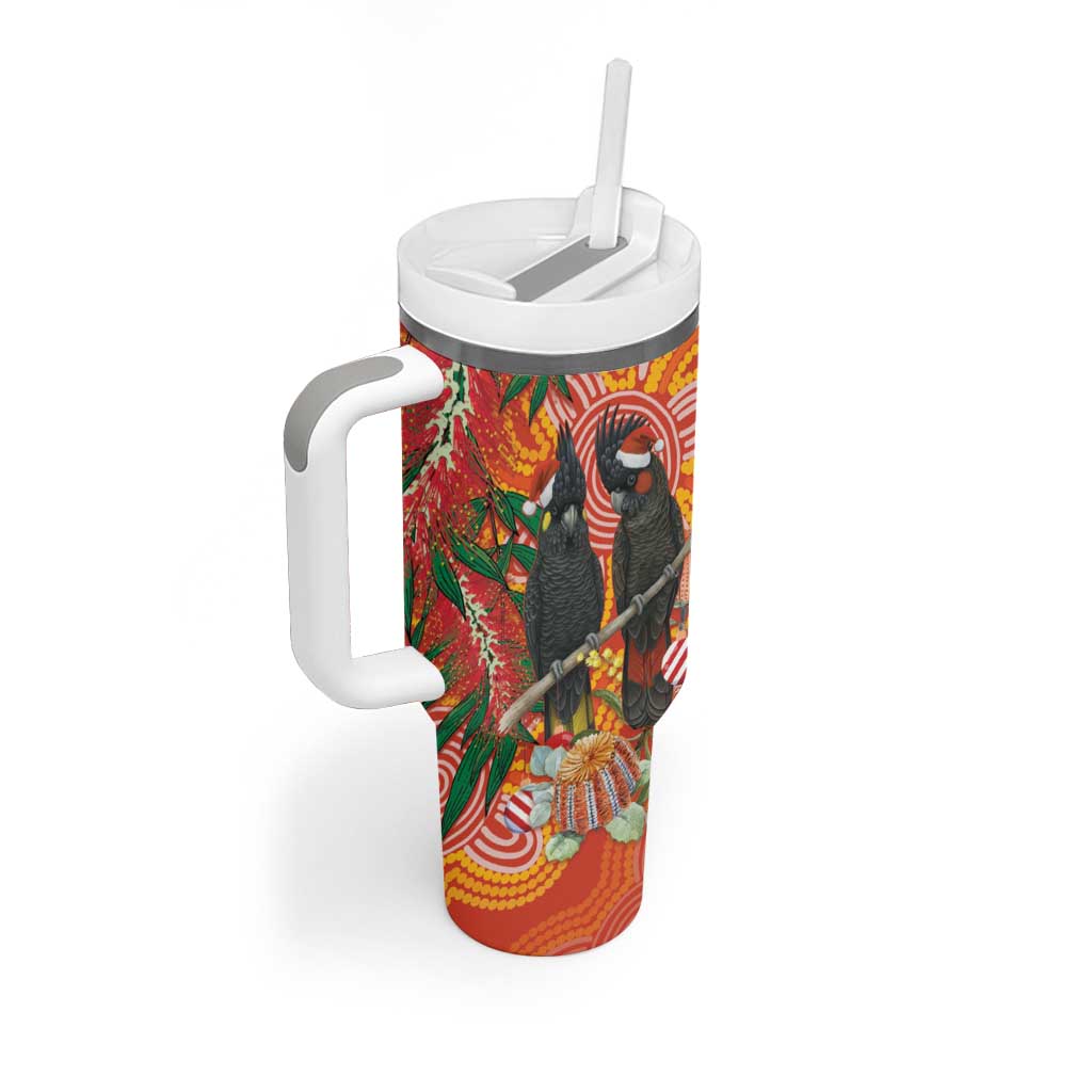 Australia Black Cockatoo Christmas Tumbler With Handle Banksia Bottlebrush Aboriginal Art - Aussie Hoodie