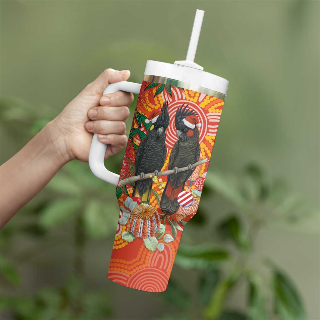 Australia Black Cockatoo Christmas Tumbler With Handle Banksia Bottlebrush Aboriginal Art - Aussie Hoodie