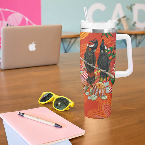 Australia Black Cockatoo Christmas Tumbler With Handle Banksia Bottlebrush Aboriginal Art - Aussie Hoodie