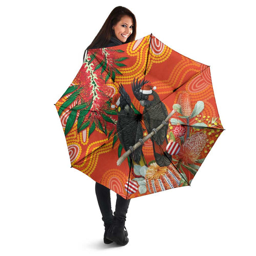 Australia Black Cockatoo Christmas Umbrella Banksia Bottlebrush Aboriginal Art - Aussie Hoodie