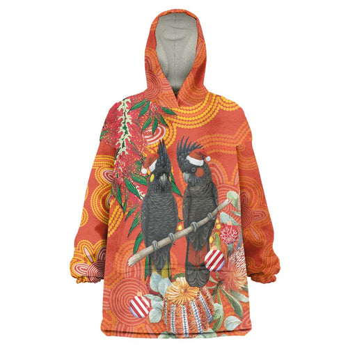 Australia Black Cockatoo Christmas Wearable Blanket Hoodie Banksia Bottlebrush Aboriginal Art - Aussie Hoodie
