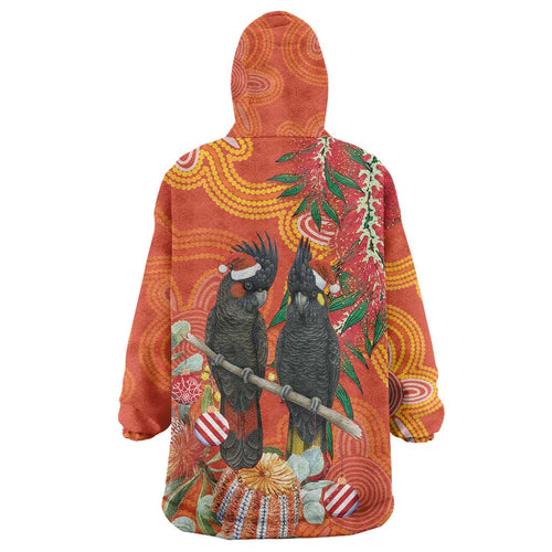Australia Black Cockatoo Christmas Wearable Blanket Hoodie Banksia Bottlebrush Aboriginal Art - Aussie Hoodie