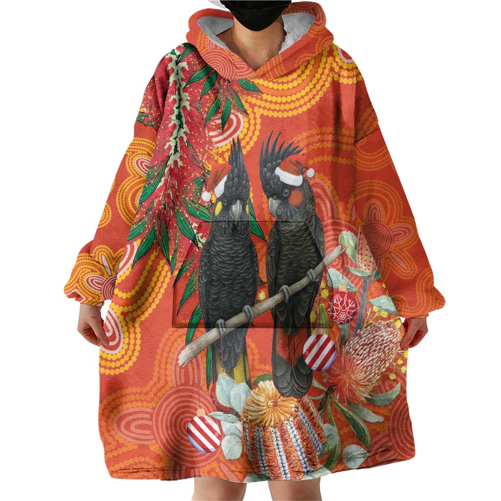 Australia Black Cockatoo Christmas Wearable Blanket Hoodie Banksia Bottlebrush Aboriginal Art - Aussie Hoodie
