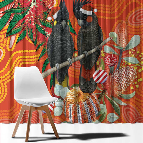 Australia Black Cockatoo Christmas Window Curtain Banksia Bottlebrush Aboriginal Art - Aussie Hoodie