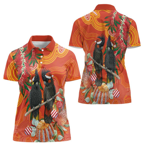 Australia Black Cockatoo Christmas Women Polo Shirt Banksia Bottlebrush Aboriginal Art - Aussie Hoodie