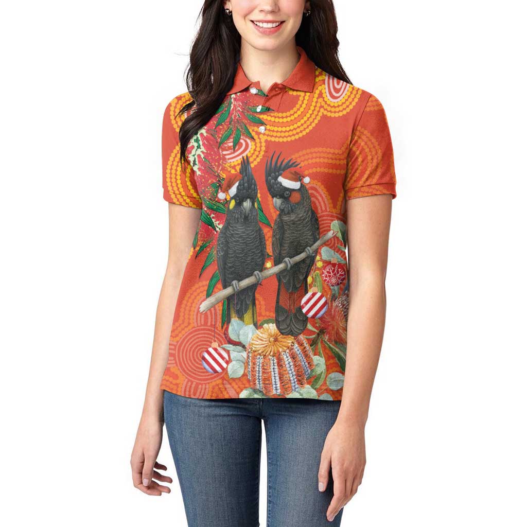 Australia Black Cockatoo Christmas Women Polo Shirt Banksia Bottlebrush Aboriginal Art - Aussie Hoodie