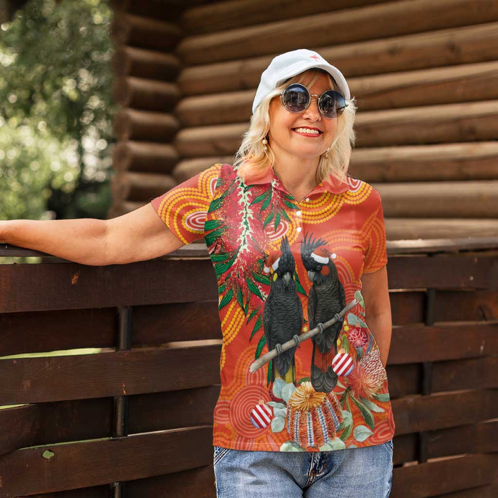 Australia Black Cockatoo Christmas Women Polo Shirt Banksia Bottlebrush Aboriginal Art - Aussie Hoodie