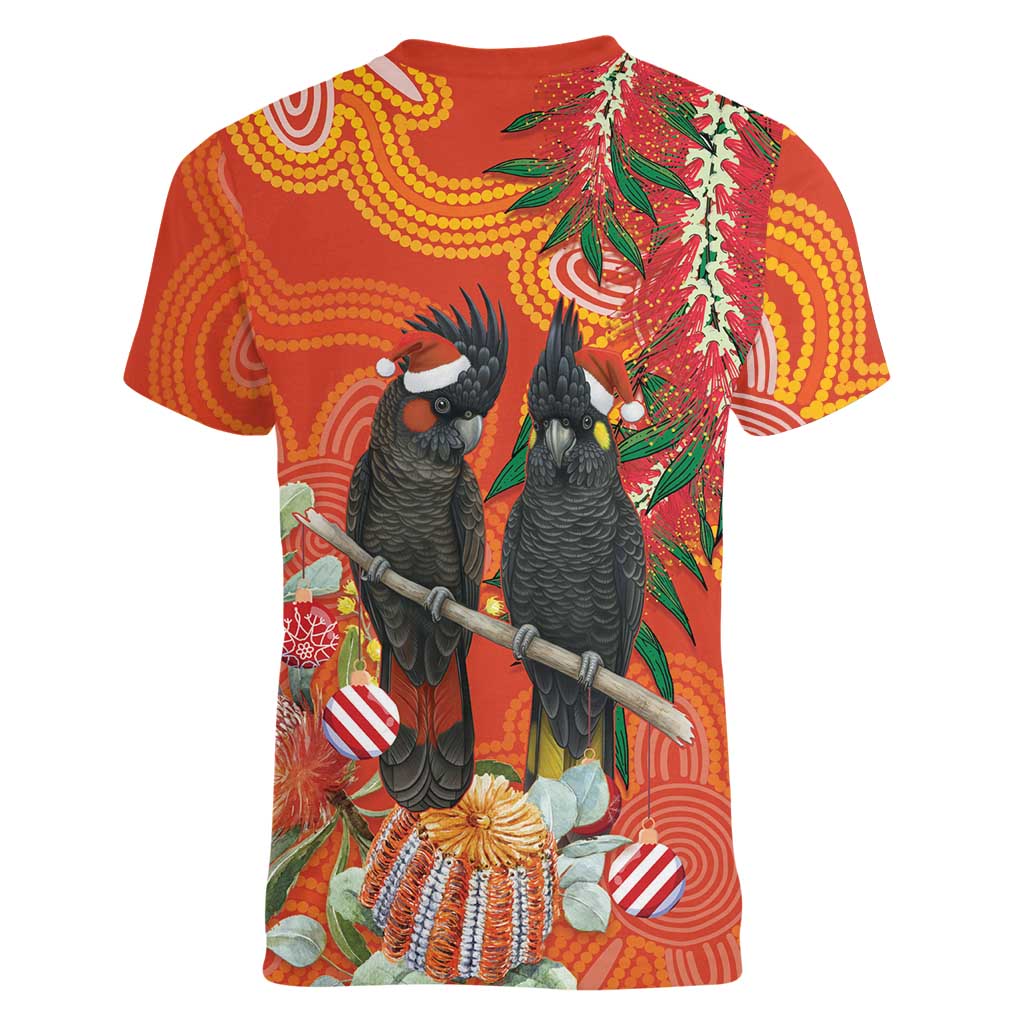 Australia Black Cockatoo Christmas Women V-Neck T-Shirt Banksia Bottlebrush Aboriginal Art - Aussie Hoodie