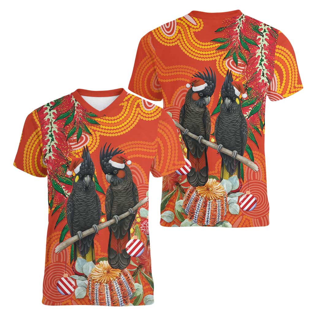Australia Black Cockatoo Christmas Women V-Neck T-Shirt Banksia Bottlebrush Aboriginal Art - Aussie Hoodie