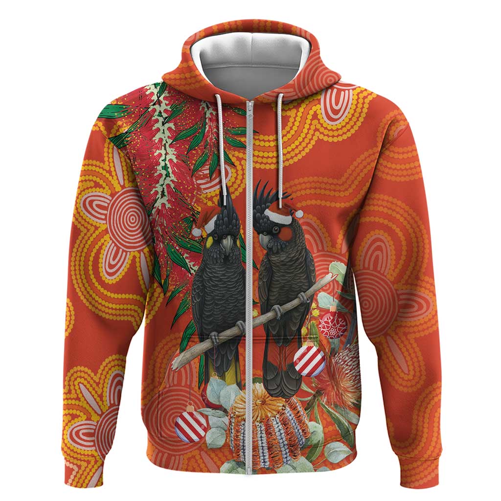 Australia Black Cockatoo Christmas Zip Hoodie Banksia Bottlebrush Aboriginal Art - Aussie Hoodie