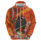 Australia Black Cockatoo Christmas Zip Hoodie Banksia Bottlebrush Aboriginal Art - Aussie Hoodie
