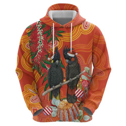 Australia Black Cockatoo Christmas Zip Hoodie Banksia Bottlebrush Aboriginal Art - Aussie Hoodie