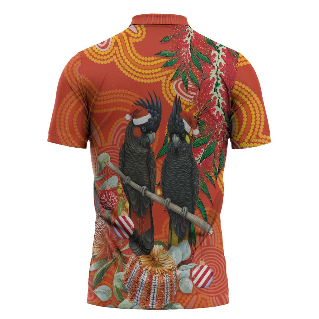 Australia Black Cockatoo Christmas Zipper Polo Shirt Banksia Bottlebrush Aboriginal Art - Aussie Hoodie