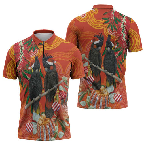 Australia Black Cockatoo Christmas Zipper Polo Shirt Banksia Bottlebrush Aboriginal Art - Aussie Hoodie
