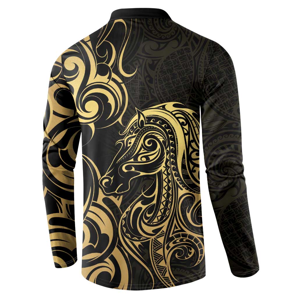 Gold And Black Aoteara Horse Racing Button Sweatshirt NZ Maori Pattern
