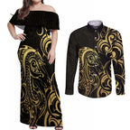 Gold And Black Aoteara Horse Racing Couples Matching Off Shoulder Maxi Dress and Long Sleeve Button Shirt NZ Maori Pattern