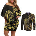 Gold And Black Aoteara Horse Racing Couples Matching Off Shoulder Short Dress and Long Sleeve Button Shirt NZ Maori Pattern