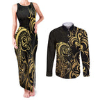 Gold And Black Aoteara Horse Racing Couples Matching Tank Maxi Dress and Long Sleeve Button Shirt NZ Maori Pattern