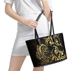 Gold And Black Aoteara Horse Racing Leather Tote Bag NZ Maori Pattern