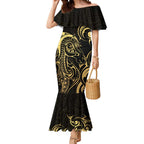 Gold And Black Aoteara Horse Racing Mermaid Dress NZ Maori Pattern