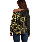 Gold And Black Aoteara Horse Racing Off Shoulder Sweater NZ Maori Pattern