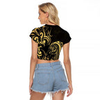 Gold And Black Aoteara Horse Racing Raglan Cropped T Shirt NZ Maori Pattern
