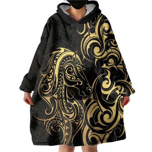 Gold And Black Aoteara Horse Racing Wearable Blanket Hoodie NZ Maori Pattern