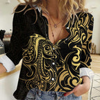 Gold And Black Aoteara Horse Racing Women Casual Shirt NZ Maori Pattern