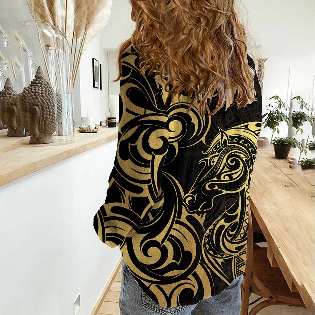 Gold And Black Aoteara Horse Racing Women Casual Shirt NZ Maori Pattern