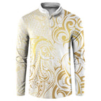 Gold And White Aoteara Horse Racing Button Sweatshirt NZ Maori Pattern
