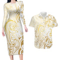 Gold And White Aoteara Horse Racing Couples Matching Long Sleeve Bodycon Dress and Hawaiian Shirt NZ Maori Pattern