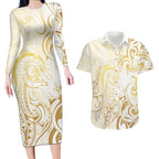 Gold And White Aoteara Horse Racing Couples Matching Long Sleeve Bodycon Dress and Hawaiian Shirt NZ Maori Pattern