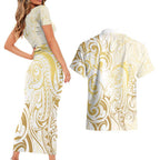 Gold And White Aoteara Horse Racing Couples Matching Short Sleeve Bodycon Dress and Hawaiian Shirt NZ Maori Pattern