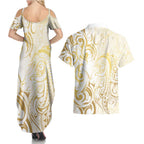 Gold And White Aoteara Horse Racing Couples Matching Summer Maxi Dress and Hawaiian Shirt NZ Maori Pattern